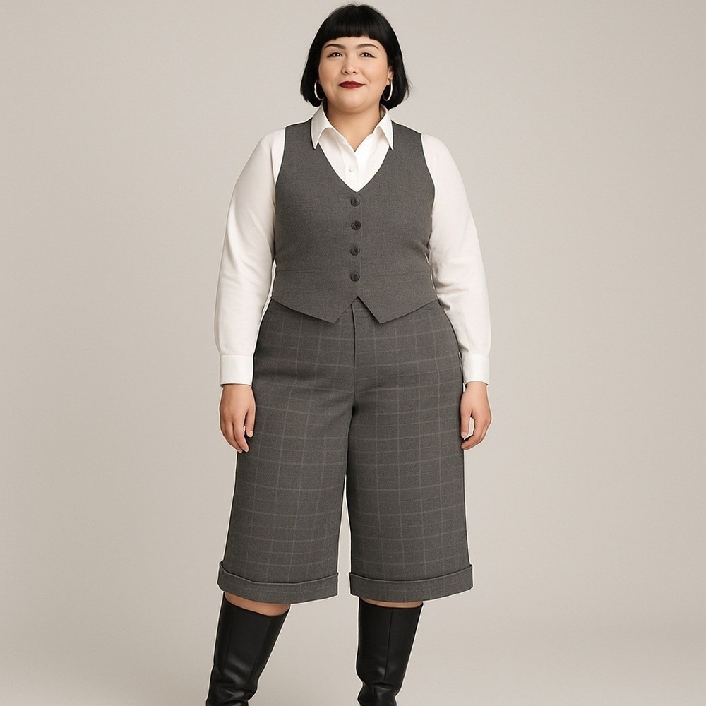 Talbots Wool Blend Grey Plaid Wide Leg Gaucho Culottes Pants Size 16